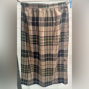 Vintage Alfred Sung 100% Silk Skirt Hong Kong, Plaid Print, Button-Up Side SZ 12